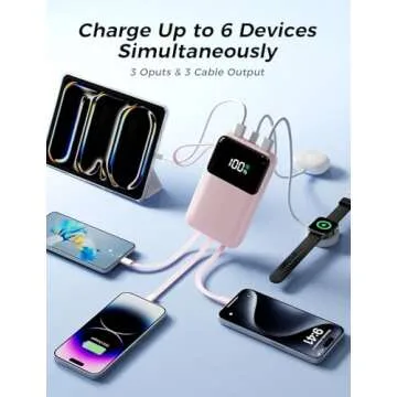Portable Charger with Built in Cable, 15000mAh Power Bank, 22.5W Fast Charging, 6 Outputs, Slim Travel Essential Battery Pack with LED Display, Compatible with iPhone 16/15/14/13, Samsung, iPad, etc