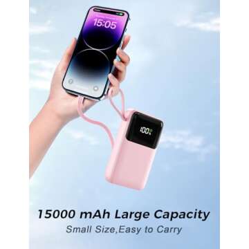 Portable Charger with Built in Cable, 15000mAh Power Bank, 22.5W Fast Charging, 6 Outputs, Slim Travel Essential Battery Pack with LED Display, Compatible with iPhone 16/15/14/13, Samsung, iPad, etc