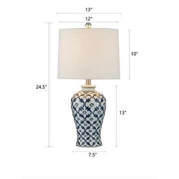 Maxax 25" Ceramic Table Lamp for Bedroom, Traditional Chinoiserie Bedside Lamp with Fabric Shade, Bl...
