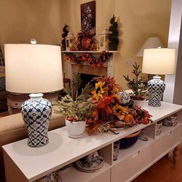 Maxax 25" Ceramic Table Lamp for Bedroom, Traditional Chinoiserie Bedside Lamp with Fabric Shade, Blue and White Nightstand Lamp for Living Room, Office, Study