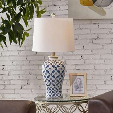 Maxax 25" Ceramic Table Lamp for Bedroom, Traditional Chinoiserie Bedside Lamp with Fabric Shade, Blue and White Nightstand Lamp for Living Room, Office, Study