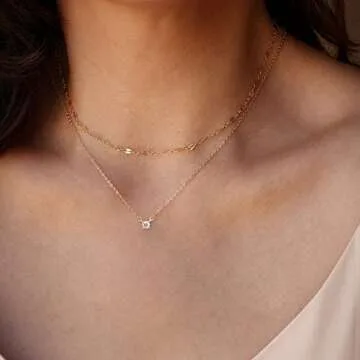 Tewiky Layered Gold Chain Solitaire Dainty Layering Necklaces Aesthetic Simple Chain Choker Necklace for Women 14k Gold Plated Diamond Rhinestone Pendant Necklace Set