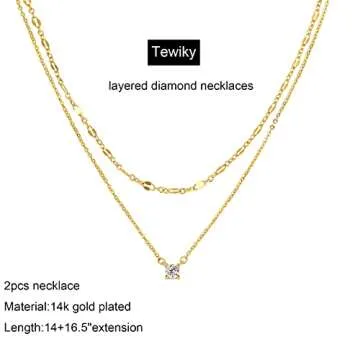 Tewiky Layered Gold Chain Solitaire Dainty Layering Necklaces Aesthetic Simple Chain Choker Necklace for Women 14k Gold Plated Diamond Rhinestone Pendant Necklace Set
