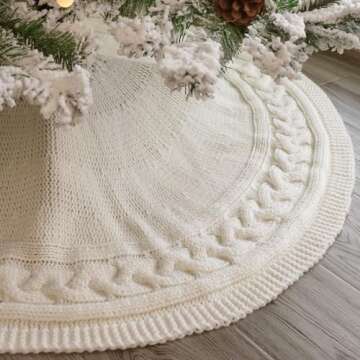 Christmas Tree Skirt 36 Inches: Braided Cable Knit Round Cream White Tree Skirt, Thick Rustic Christmas Tree Decorations Neutral Christmas Decor Christmas Tree Skirts for Xmas Home Party Supplies