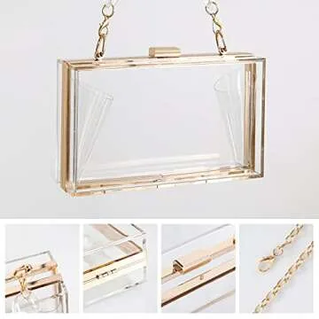 WJCD Women Clear Purse Acrylic Box Clutch Handbag, Small Transparent Crossbody Evening Bag Stadium Approved Gold Chain Strap (Transparent 2 chains)