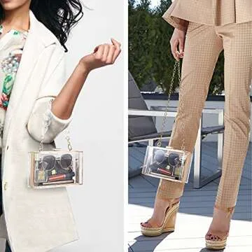 WJCD Women Clear Purse Acrylic Box Clutch Handbag, Small Transparent Crossbody Evening Bag Stadium Approved Gold Chain Strap (Transparent 2 chains)