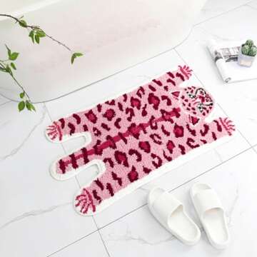 YulyreZome Leopard Bath Mat for Bathroom, Funny Cute Pink Tiger Cartoon Bathroom Rug Non-Slip Animal Door Mat Washable Absorbent Bathtub Plush Microfiber Decor Shower Rugs