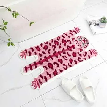 YulyreZome Leopard Bath Mat for Bathroom, Funny Cute Pink Tiger Cartoon Bathroom Rug Non-Slip Animal Door Mat Washable Absorbent Bathtub Plush Microfiber Decor Shower Rugs