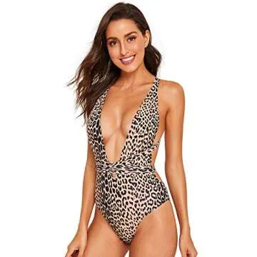 SweatyRocks Women's Sexy Bathing Suits Criss Cross Tie Knot Front Deep V Open Back Leopard One Piece Swimwear Multi M