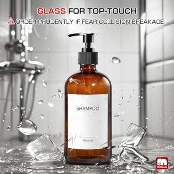 GMISUN Glass Shampoo and Conditioner Dispenser, Shower Soap Dispenser Bottles with Labels, Refillable Shampoo Conditioner Body Wash Dispensers, Amber Glass Soap Pump Dispenser Set for Bathroom Shower