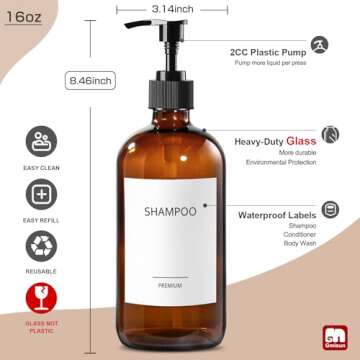 GMISUN Glass Shampoo and Conditioner Dispenser, Shower Soap Dispenser Bottles with Labels, Refillable Shampoo Conditioner Body Wash Dispensers, Amber Glass Soap Pump Dispenser Set for Bathroom Shower