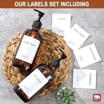 GMISUN Glass Shampoo and Conditioner Dispenser, Shower Soap Dispenser Bottles with Labels, Refillable Shampoo Conditioner Body Wash Dispensers, Amber Glass Soap Pump Dispenser Set for Bathroom Shower