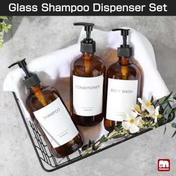 GMISUN Glass Shampoo and Conditioner Dispenser, Shower Soap Dispenser Bottles with Labels, Refillable Shampoo Conditioner Body Wash Dispensers, Amber Glass Soap Pump Dispenser Set for Bathroom Shower