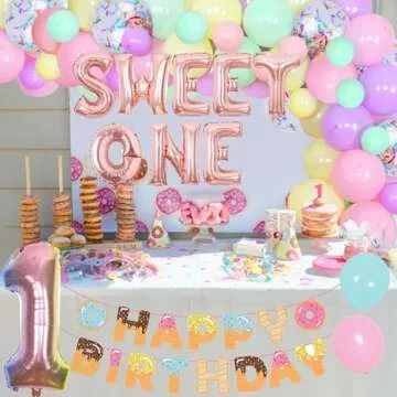 Sweet One Donut Birthday Party Decorations for Girls Donut 1st Birthday Pink Macaron Pastel Balloon Garland Arch Kit for Doughnut 1st Birthday Party Decor with Happy Birthday Banner