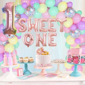 Sweet One Donut Birthday Party Decorations for Girls Donut 1st Birthday Pink Macaron Pastel Balloon Garland Arch Kit for Doughnut 1st Birthday Party Decor with Happy Birthday Banner