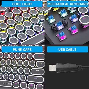 E-YOOSO Wired Mechanical Keyboard with Backlit, Blue Switch, Retro Typewriter Gaming Keyboard, Light Up Letters, 104 Round Key for Game, Office, Computer, Laptop, PC, Desktop