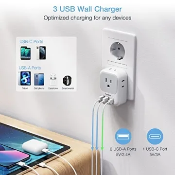 TESSAN European Travel Plug Adapter with 3 USB Ports