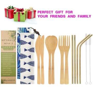 UPTRUST 2 Set Bamboo Cutlery Set Bamboo Travel Utensils reusable bamboo utensils with case, 7.8 Inches Bamboo Knife, Fork, Spoon, 3 colors Metal Straw. Portable Travel Set (Golden Straw)