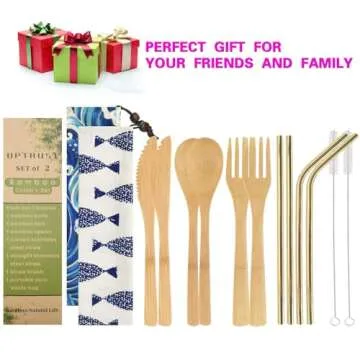 UPTRUST 2 Set Bamboo Cutlery Set Bamboo Travel Utensils reusable bamboo utensils with case, 7.8 Inches Bamboo Knife, Fork, Spoon, 3 colors Metal Straw. Portable Travel Set (Golden Straw)