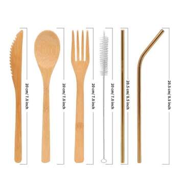 UPTRUST 2 Set Bamboo Cutlery Set Bamboo Travel Utensils reusable bamboo utensils with case, 7.8 Inches Bamboo Knife, Fork, Spoon, 3 colors Metal Straw. Portable Travel Set (Golden Straw)