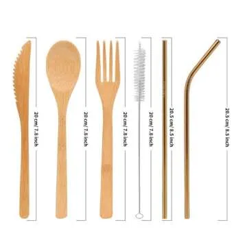 UPTRUST 2 Set Bamboo Cutlery Set Bamboo Travel Utensils reusable bamboo utensils with case, 7.8 Inches Bamboo Knife, Fork, Spoon, 3 colors Metal Straw. Portable Travel Set (Golden Straw)