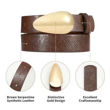 RISANTRY Women Brown Leather Belt Fashion Brown Snake Print Belt for Women Gold Buckle Perfect for Jeans
