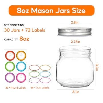 30 Small Mason Jars - 8 oz Glass Storage Set