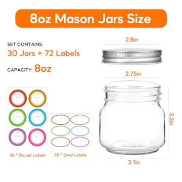 30 Small Mason Jars - 8 oz Glass Storage Set