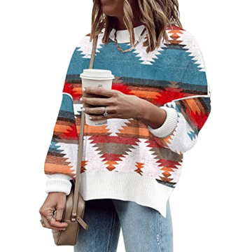 ETCYY Womens Oversized Sweaters Fall 2025 Fashion Clothes Trendy Batwing Sleeve Colorblock Striped Knit Pullover Sweater Tops(L.Print Blue)