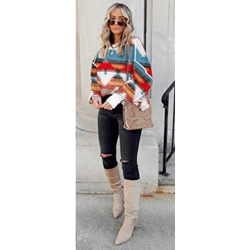 ETCYY Womens Oversized Sweaters Fall 2025 Fashion Clothes Trendy Batwing Sleeve Colorblock Striped Knit Pullover Sweater Tops(L.Print Blue)