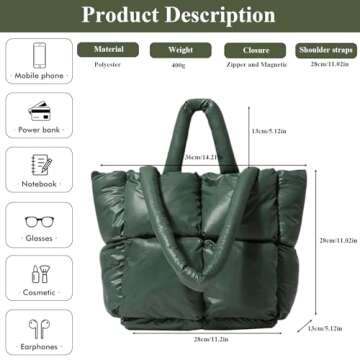 OWGSEE Puffer Tote Bag, Soft Puffy Bags for Women Light Winter Down Cotton Padded Quilted Tote Bag S...