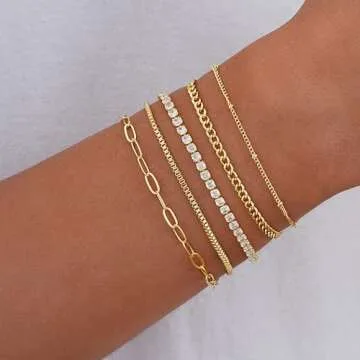 Dainty 14K Real Gold Bracelets for Women - 5 Layered Set