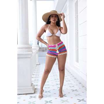 Jumppmile Women Crochet Shorts Hollow Out Beach Bathing Suit Bikini Swimsuit Cover Up Shorts with Drawstring Orange XL