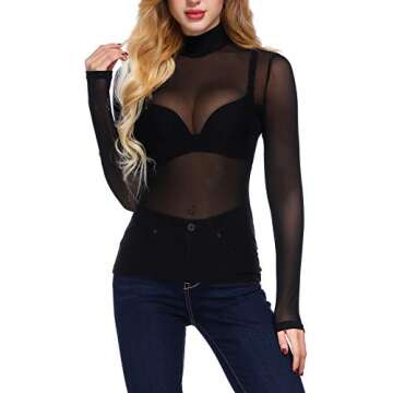 Kate Kasin Women's Long Sleeve See-Through Shirt Sheer Top Mesh Shirt Blouses (M,Black)