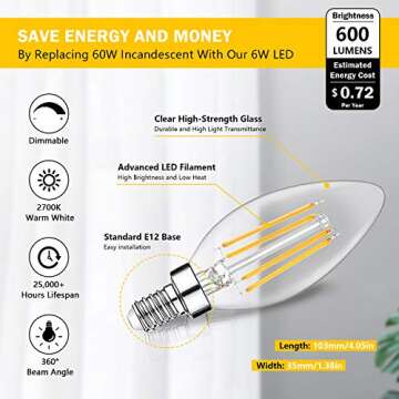 12-Pack Dimmable E12 LED Candelabra Bulbs 60W Equivalent, 2700K Soft Warm White, 600 Lumens B11 Cand...
