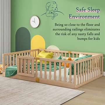 Tatub Full Montessori Floor Bed with High Rails, Solid Wood Montessori Bed Frame for Kids, Door Can Install Left and Right, Full-Nature