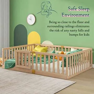 Tatub Full Montessori Floor Bed with High Rails, Solid Wood Montessori Bed Frame for Kids, Door Can Install Left and Right, Full-Nature