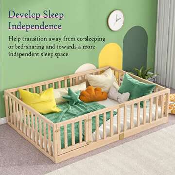 Tatub Full Montessori Floor Bed with High Rails, Solid Wood Montessori Bed Frame for Kids, Door Can Install Left and Right, Full-Nature