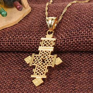 Gold Plated Filled Ethiopian Cross Pendant Necklaces Chain