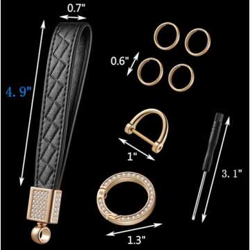 STACCTE Microfiber Leather Wristlet Keychain, Bling Decorative Universal Car Keys Keychain, Anti-lost D-ring, 360 Degree Rotatable Key Fob Keychain for Women(Black)