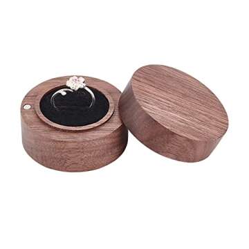 FINGERINSPIRE Walnut Wooden Engagement Ring Box 2.1x1.4inch Black Velvet Lining Round Magnetic Buckl...