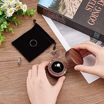 FINGERINSPIRE Walnut Wooden Engagement Ring Box 2.1x1.4inch Black Velvet Lining Round Magnetic Buckle Design Jewelry Ring Box Wood Ring Box for Proposal Wedding Ring Storage（Come with a Velvet Bag）