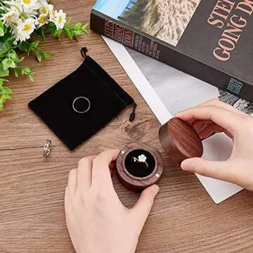 FINGERINSPIRE Walnut Wooden Engagement Ring Box 2.1x1.4inch Black Velvet Lining Round Magnetic Buckle Design Jewelry Ring Box Wood Ring Box for Proposal Wedding Ring Storage（Come with a Velvet Bag）