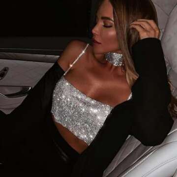 Evild Rhinestone Crop Top Silver Sparkly Party Body Chain Glitter Crystal Bra Jewelry Adjustable Bac...