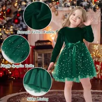 Dalukit Toddler Baby Girl Velvet Christmas Dress for Girls Long Sleeve Velvet Sequin Tutu Winter Party Holiday Dress Green