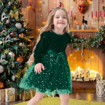 Dalukit Toddler Baby Girl Velvet Christmas Dress for Girls Long Sleeve Velvet Sequin Tutu Winter Party Holiday Dress Green