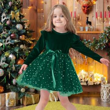 Dalukit Toddler Baby Girl Velvet Christmas Dress for Girls Long Sleeve Velvet Sequin Tutu Winter Party Holiday Dress Green