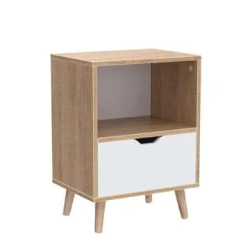 Wind Modern Wooden Bedroom 2-Tier Nightstand End Side Table with Open Shelf, 4 Anti-Slip Rubber Padded Legs, & 1 Storage Drawer, Tan, Set of 2