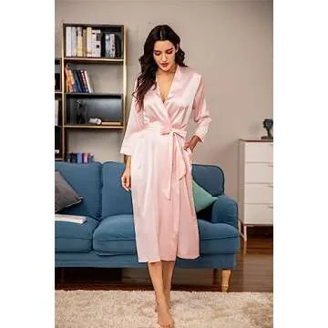 HOTOUCH Womens Lingerie Satin Silk Long Bridal Robes Bridesmaid Wedding Party Dressing Gown A-Pink X-Large