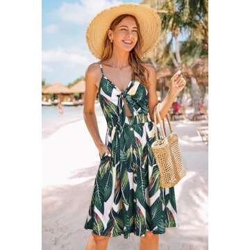LAISHEN Womens Floral Sundress V-Neck Spaghetti Strap Tie Knot Front Flowy Swing Beach Dress with Pockets(Floral02,S)